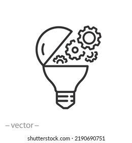 creative technology icon, technical innovation concept, open light bulb with gears, ideas future, thin line symbol on white background - editable stroke vector illustration