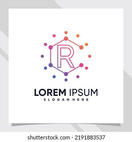 Creative technology logo design initial letter r with line art and dot style