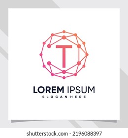 Diseño de logotipo de tecnología creativa letra inicial t con arte de línea y estilo de punto