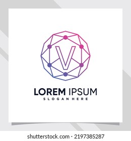 Creative technology logo design initial letter v with line art and dot style