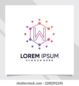 Creative technology logo design initial letter w with line art and dot style