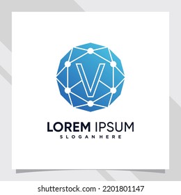 Creative technology logo design initial letter v with line art and dot style
