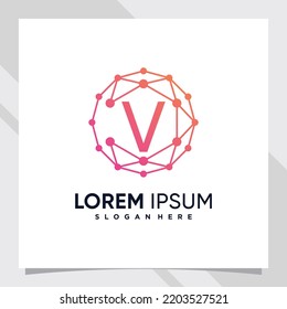 Creative technology logo design initial letter v with line art and dot style