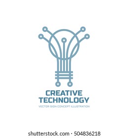 Creative technology - vector logo template concept illustration. Lightbulb lamp creative sign. Line art. Design element. 