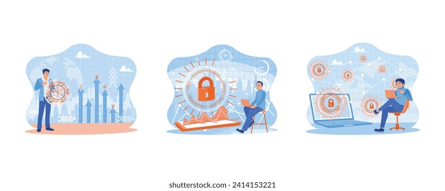 Creative telecommunication concept. Digital marketing media on virtual screen. Cyber ​​security and data protection. Businessman is accessing business data security. 