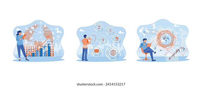 Creative telecommunication concept. A woman is standing holding a digital tablet. Entrepreneurs use telecommunications and internet networks. Selecting ideas and concept plans for global success.