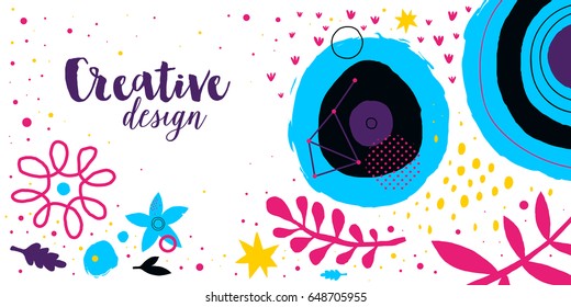 Creative template with abstract hand drawn elements on white background. Useful for advertising and graphic design.