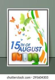 Creative template, banner or flyer design with 3D tricolor text India and flying butterflies for Indian Independence Day celebration.