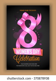 Creative Template, Banner or Flyer design with stylish text 8 March, made by glossy pink ribbon for Happy Women's Day celebration.