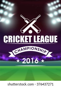 Creative Template, Banner or Flyer design with view of night stadium lights background for Cricket League concept.