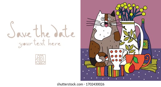 Creative template, card with cute still life and cat illustration