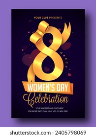 Creative Template or Card Design with Stylish 8 Number Made by Glossy Golden Ribbon and Bow Shape for Happy Women's Day Celebration Concept.