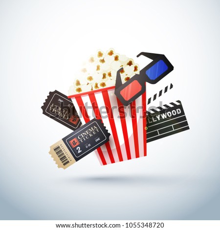 Creative template for cinema poster, banner with ticket, 3D glasses, clapboard, and popcorn.