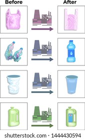 Creative template of city garbage recycling. Household plastic trash. Empty bottles, bags, boxes and cups. Urbanistic pollution and ecology topic.