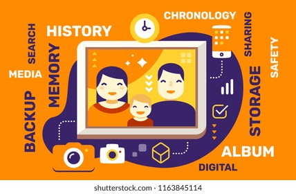 Creative template composition flat style design for web, site, banner, presentation, photographic landing page. Vector illustration of family portrait with icon and keyword on color background