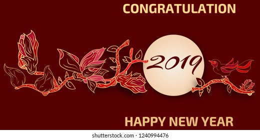 Creative template for congratulations Happy New Year. Traditional Asian style. Decorated with flowers and birds