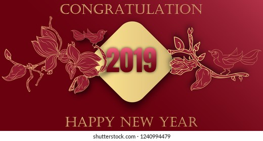 Creative template for congratulations Happy New Year. Traditional Asian style. Decorated with flowers and birds