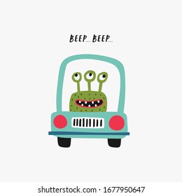 Creative template with cute green monster on a turquoise car. Vector illustration. Hand drawn image for birthday cards, anniversary, party invitations, scrapbooking, t-shirt prints. 