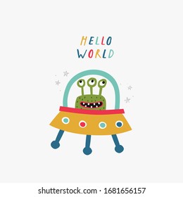 Creative template with cute green monster on a rocket. Vector illustration. Hand drawn image for birthday cards, anniversary, party invitations, scrapbooking, t-shirt prints. 