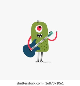 Plantilla creativa con un monstruo verde adorable con guitarra. Ilustración vectorial. Imagen dibujada a mano para tarjetas de cumpleaños, aniversario, invitaciones a fiestas, scrapbooking, impresiones en pantalones. Verde y rojo. 