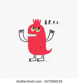 Creative template with cute red monster. Vector illustration. Hand drawn image for birthday cards, anniversary, party invitations, scrapbooking, t-shirt prints. 