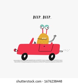 Creative template with cute yellow monster on a red car. Vector illustration. Hand drawn image for birthday cards, anniversary, party invitations, scrapbooking, t-shirt prints. 