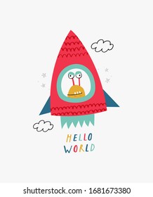 Creative template with cute yellow monster on a red rocket. Vector illustration. Hand drawn image for birthday cards, anniversary, party invitations, scrapbooking, t-shirt prints. 