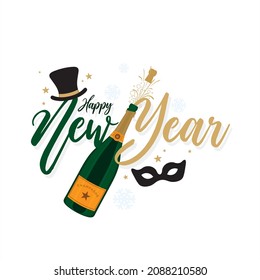 Creative Template Design for New Year. Happy New Year Wishing Greeting Card. Champagne Bottle Illustration.