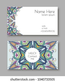 Creative template for designer, photographer or studio. Vector editable pattern with front and back side visit cards. Busines card vith mandala arabesque design doodle and brightful colorful warm