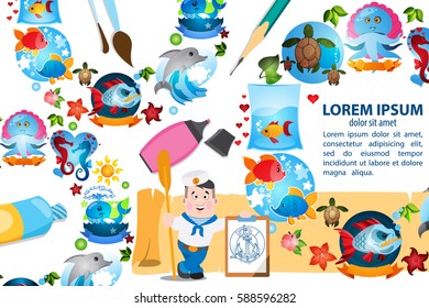 Creative template flyers with space for text with the image of the inhabitants of the deep sea. Snorkeling color illustrations.