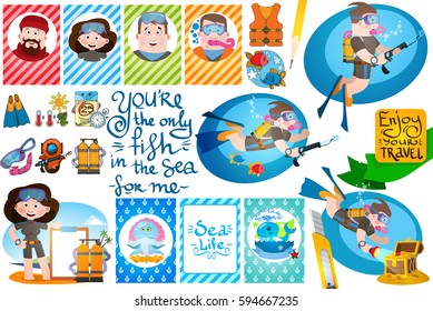 Creative template flyers with space for text to drivers and marine life. Snorkeling color illustrations.