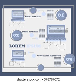 Creative template infographics card with laptop and hands flat vector illustration