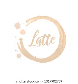 Creative template for logo, advertising flyer, promotion poster in form of beige circle with handwritten lettering latte