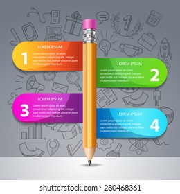 Creative Template with pencil and colored ribbon. Vector pencil illustration for infographics. Gray background with hand drawn icons