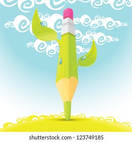 creative template with pencil and green grass art concept vector illustration. summer or spring background for design. bright kids background. ecology icon