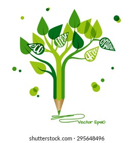 Creative template with pencil and green leaves. Can be used for infographics, banners, concept vector illustration.