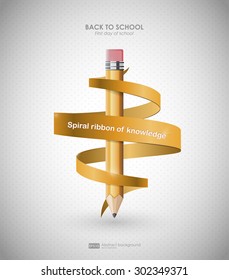 Creative template with pencil and spiral ribbon. Background  for back to school, can be used for infographics and banners, concept vector illustration. First day of school. Back to school