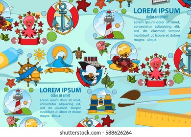 Creative template with place for text for design advertising newsletter coastal hotels and various services for tourists. Marine theme. Resorts and marine travel on the ship.