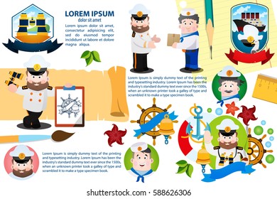 Creative template with place for text for design of promotional newsletters. Marine theme. Resorts and marine travel on the ship.