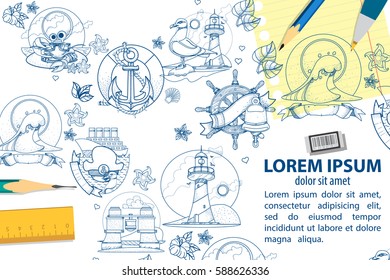 Creative template with place for text for design advertising newsletter coastal hotels and various services for tourists. Marine theme. Resorts and marine travel on the ship.