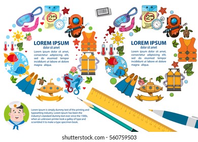 Creative template with place for text with a picture of the captain, sailors and divers. Round frames of different items on a summer vacation and sea tourism.
