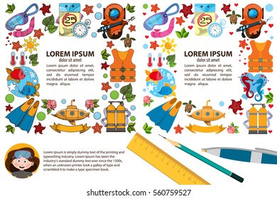 Creative template with place for text with a picture of the captain, sailors and divers. Square frames of different items on a summer vacation and sea tourism.