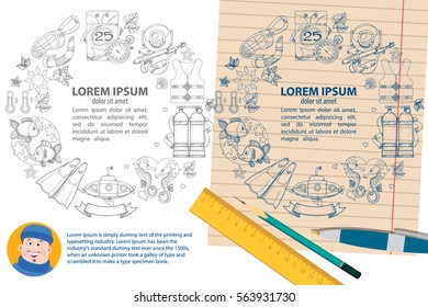 Creative template with place for text with a picture of the captain, sailors and divers. Round frames of different items on a summer vacation and sea tourism.