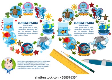 Creative template with place for text with a picture of the captain, sailors and divers. Round frames of different items on a summer vacation and sea tourism.
