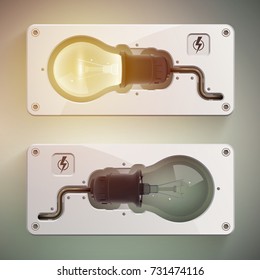 Creative template of realistic light bulb composition with lights on and lights off vector illustration