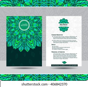 Creative template for resume. Colorful round mandala ornament on both sides. Ready for use. Original ornamental colorful templates