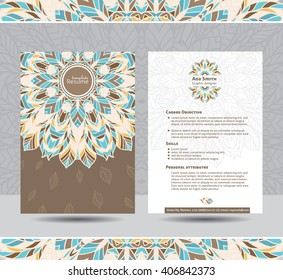 Creative template for resume. Colorful round mandala ornament on both sides. Ready for use. Original ornamental colorful templates