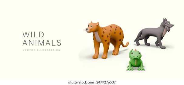 Creative template with wild animals. Jaguar, wolf, iguana in cartoon style