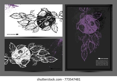 Creative templates with beautiful drawn floral element. Graphic branch with leaves on a night sky background. Desktop background, cover, burner or your design. 