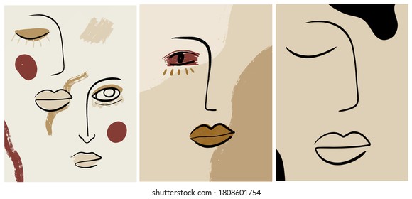 Creative templates with one line face portrait, contemporary abstract colorful shapes. Cubism face. Design promotion. 